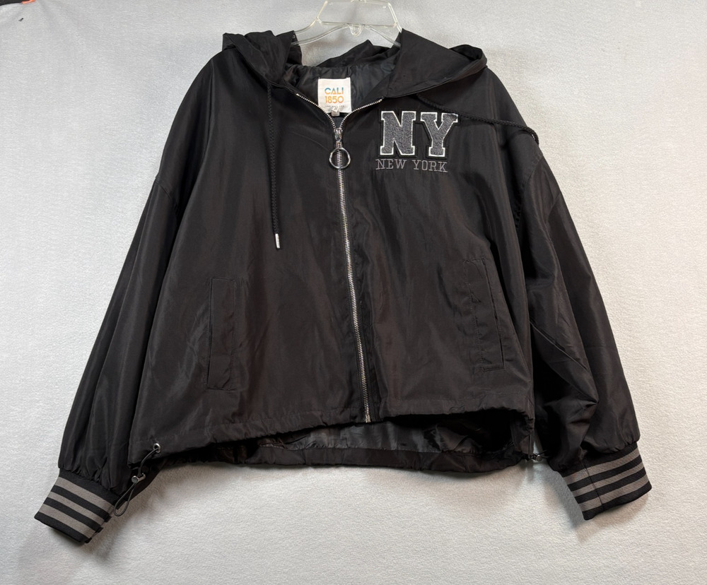 Cali 1850 Black NY New York Varsity Patch Hooded Windbreaker Jacket Size XL